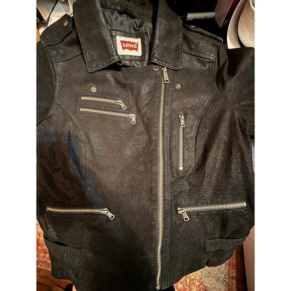 Levi's Faux Suede Moto Biker Jacket S Black Zipper & Pockets Wrists Buckled Hips - Picture 10 of 16